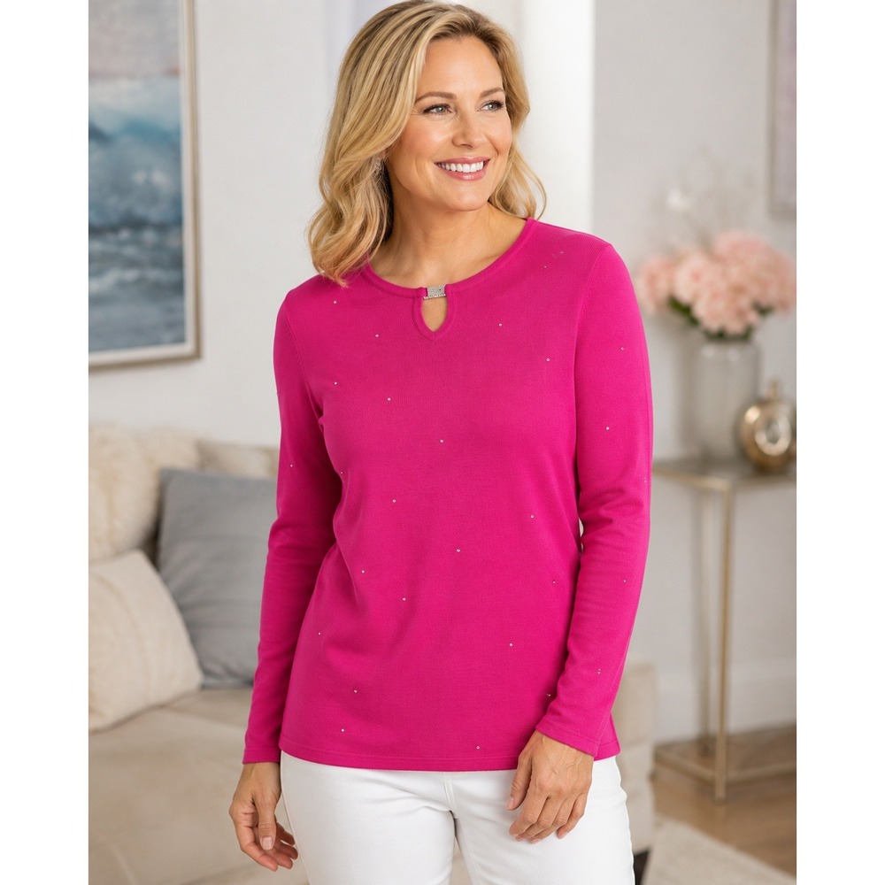 Quacker Factory Womens Pink Rhinestone Keyhole Long Sleeve Knit Top Medium Y2K